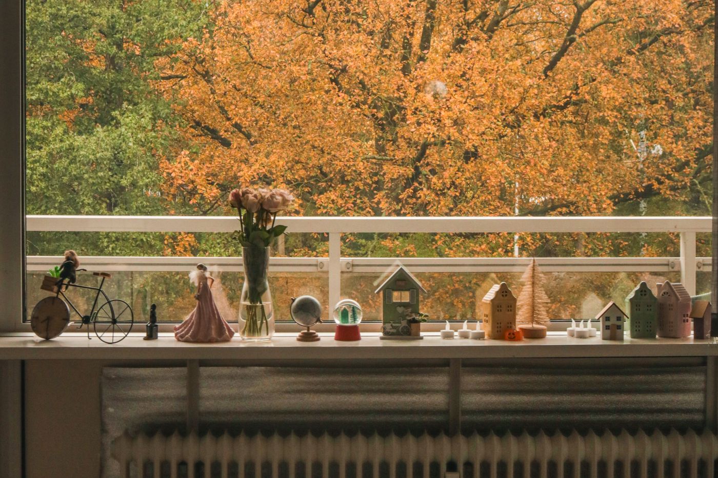 Blick durch ein Fenster auf einen leuchtend orangen Herbstbaum