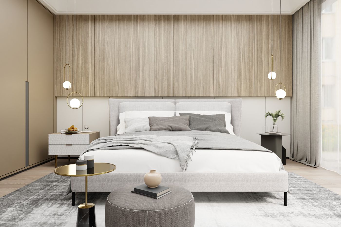 Bett mit getrennt schaltbaren Leseleuchten an der Wand
